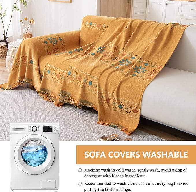 DREAMINGO Orange Boho Sofa Cover Chenille Couch Cover Blanket Vintage Bohemian