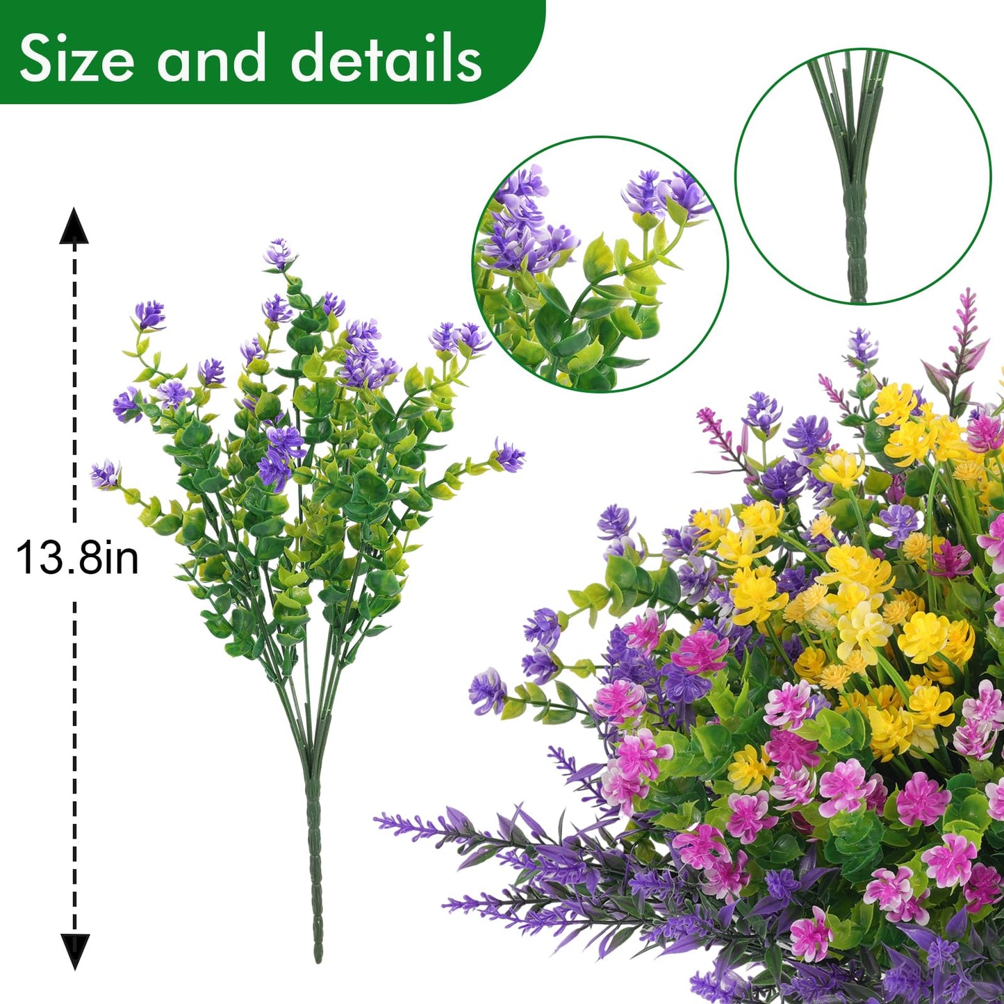 Hananona 12 Pcs Artificial Flowers Outdoor, Faux Artificial Plants UV Resistant Plastic Flower Bulk for Hanging Planter Porch Window Home Wedding Fall Summer Decor (12, Fuchsia, Purple, Yellow, Green)