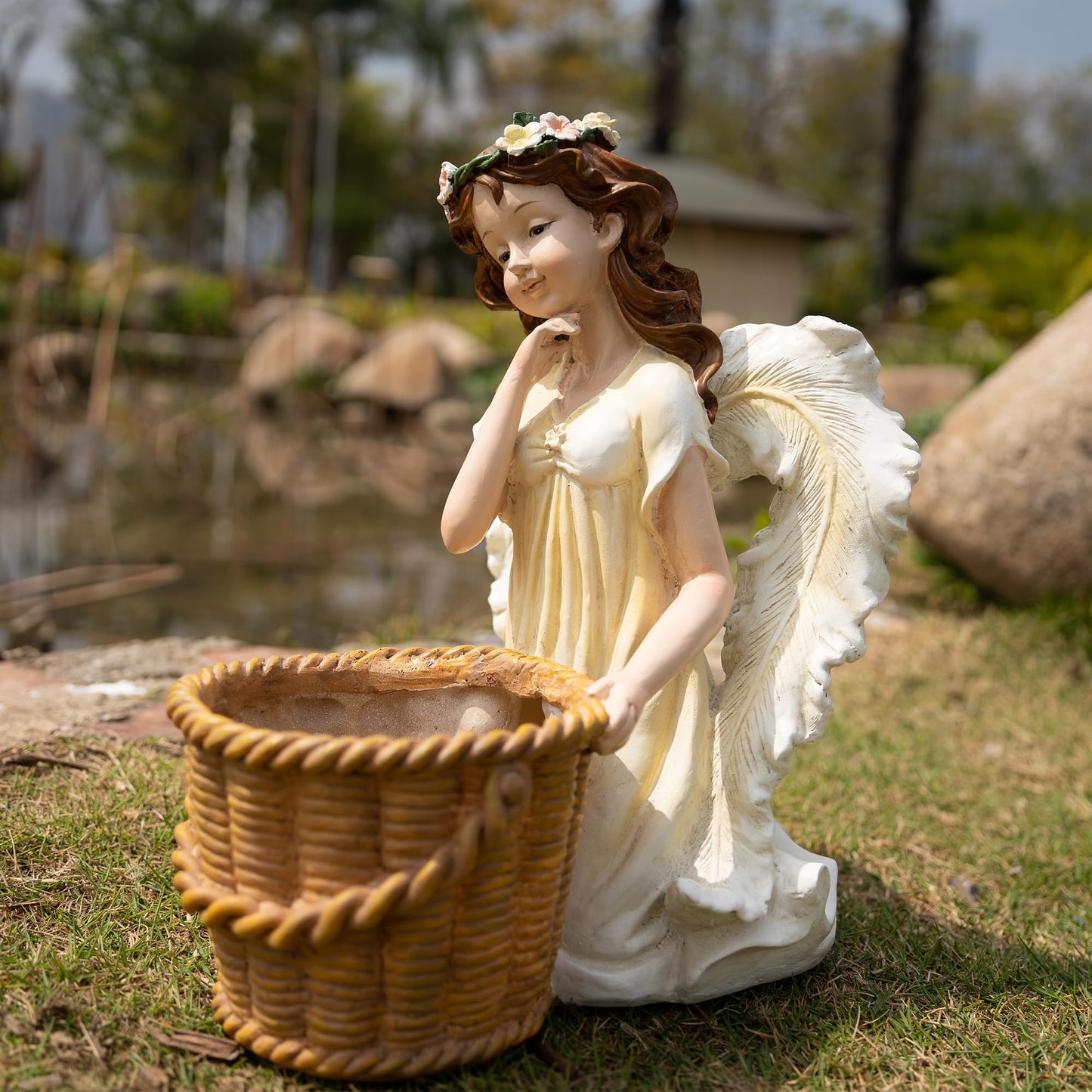 Floryden Garden Angel Planter, 11.8 inch Decorative Resin Fairy Flower Pot, Hand Painted Outdoor Patio Figurine