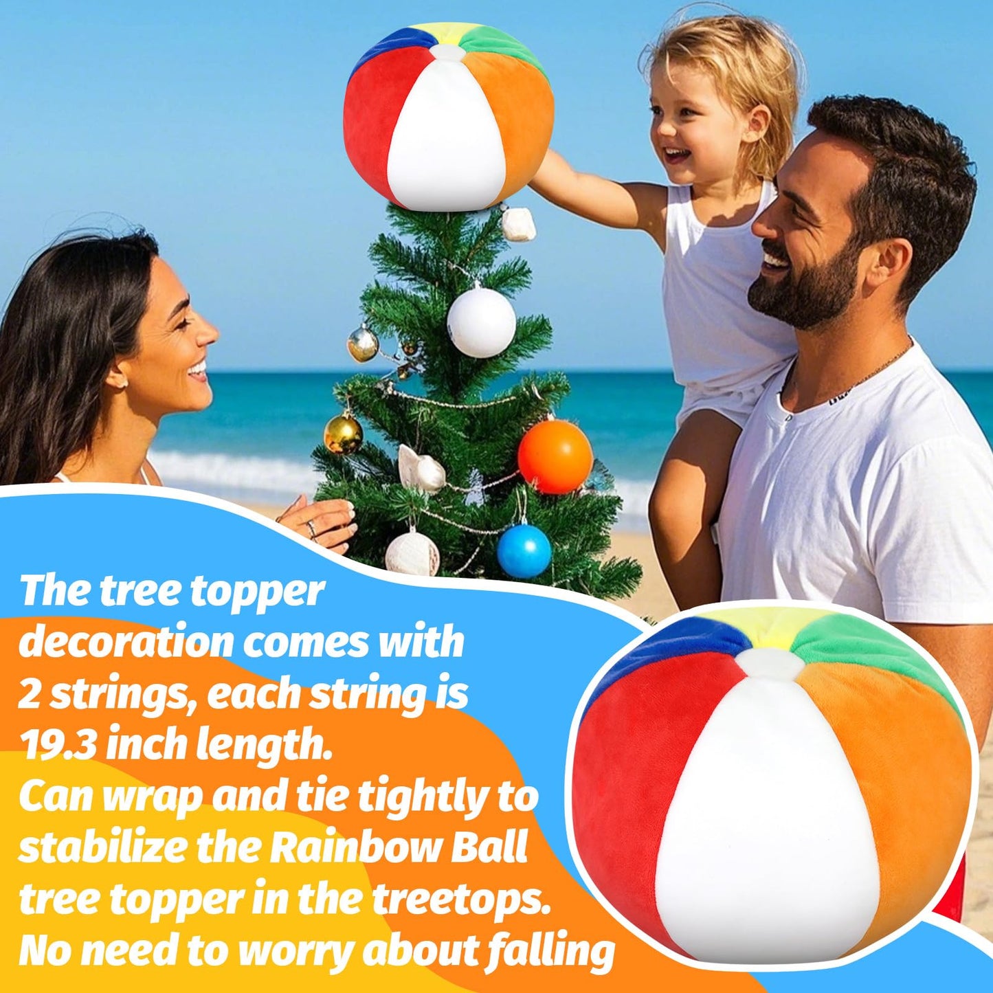 Summer Beach Ball Tree Topper, 8” Rainbow Beach Ball Tree Decor, Plush Stuffed Summer Tree Topper for Christmas in July Pool Beach Luau Hawaiian Themed Tropical Party