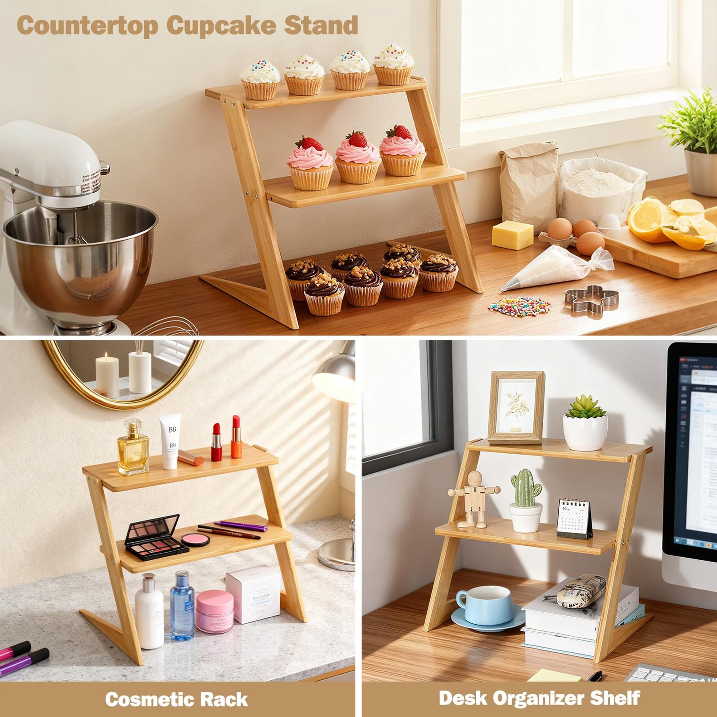 OcBuct 3 Tier Table Top Countertop Small Plant Stand with Shelf Adjustable, Bamboo Wooden Desk Plants Succulent Stand, Office Flower Pot Holder Rack ,Cup Cake Stand, Kitchen Spice Rack