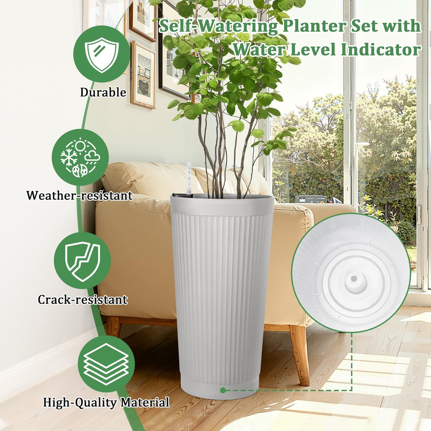 TUYOHW 2-Pack 24in Round Plastic Planters with Self-Watering System and Vertical Ribbed Design – Perfect for Home, Patio, Garden Plants