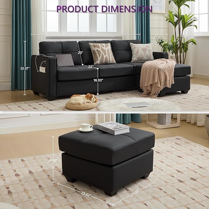 TYBOATLE Black Sectional Couches w/Side Pockets