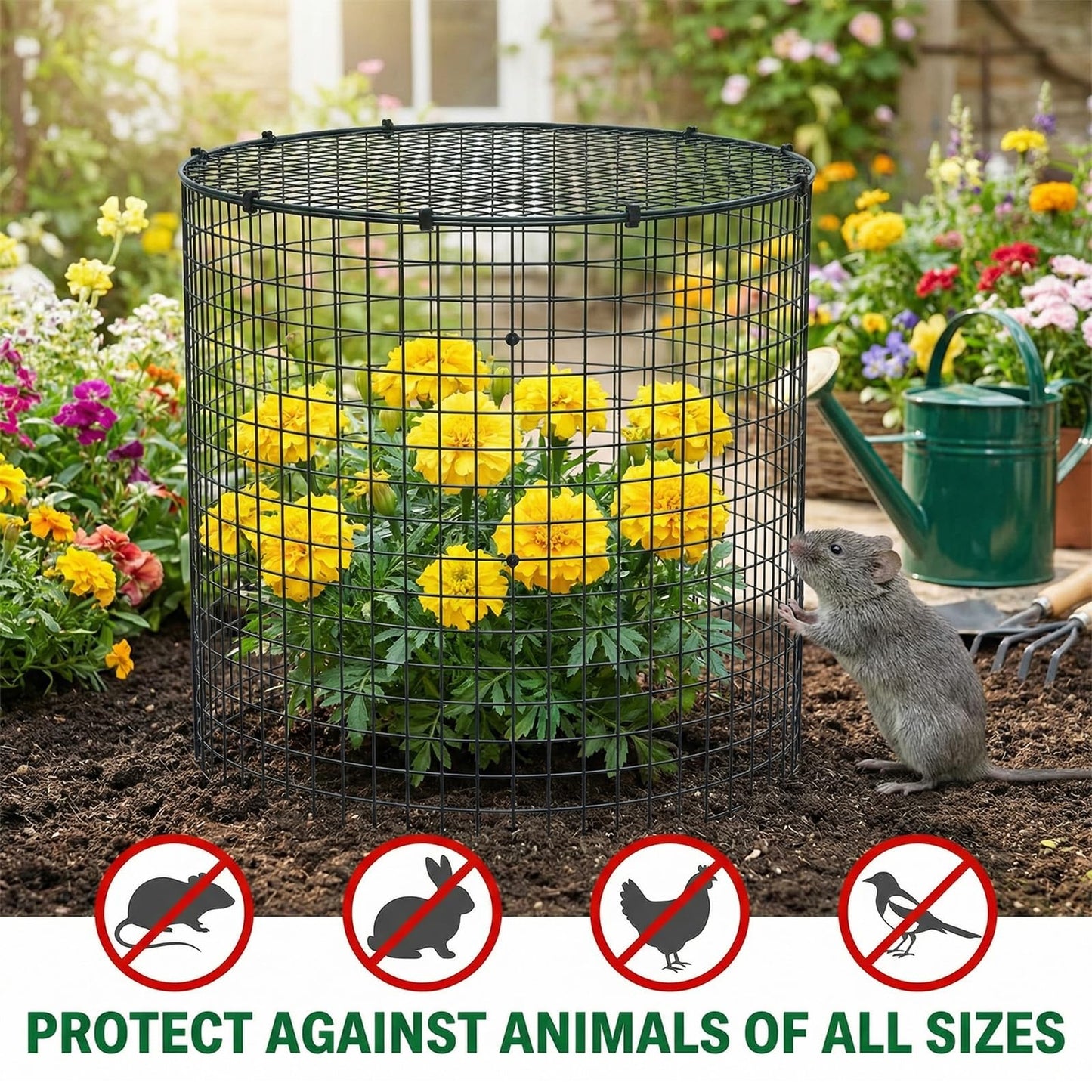 Shimeyao 6 Set Garden Plant Protectors from Animals 12'' x 12'' Metal Wire Protectors Cage with Stakes, Metal Mesh and Detachable Covers Wire Cloche for Keeping Bunny Chicken Out, Garden Protection