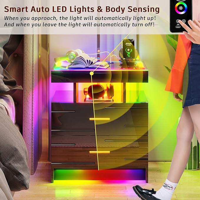 WOOVIVS Nightstand with 24 Colorful Lighst, LED Night Stand with