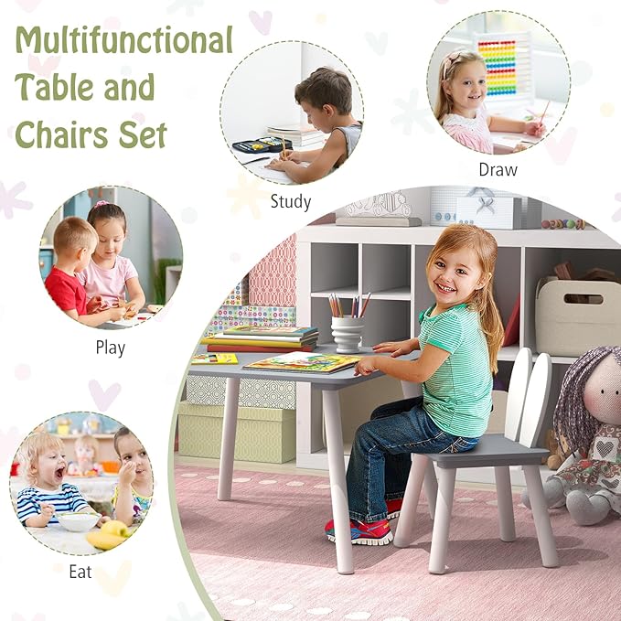 Costzon Kids Table and Chair Set, 3 Pieces Wooden Activity Table & 2 Rabbit
