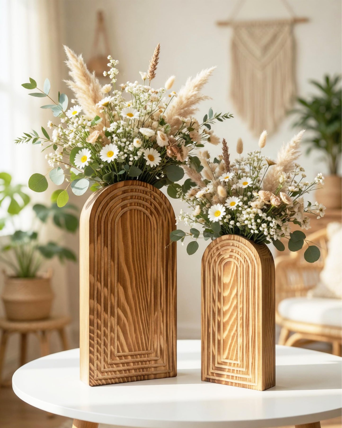 2 Pack Wooden Wall Vase Set - Boho & Modern Farmhouse Wall Decor, Hanging Planter for Indoor Plants & Flowers, Wood Mounted Art for Living Room, Bathroom, Hallway, Home Decor (Black, Large)