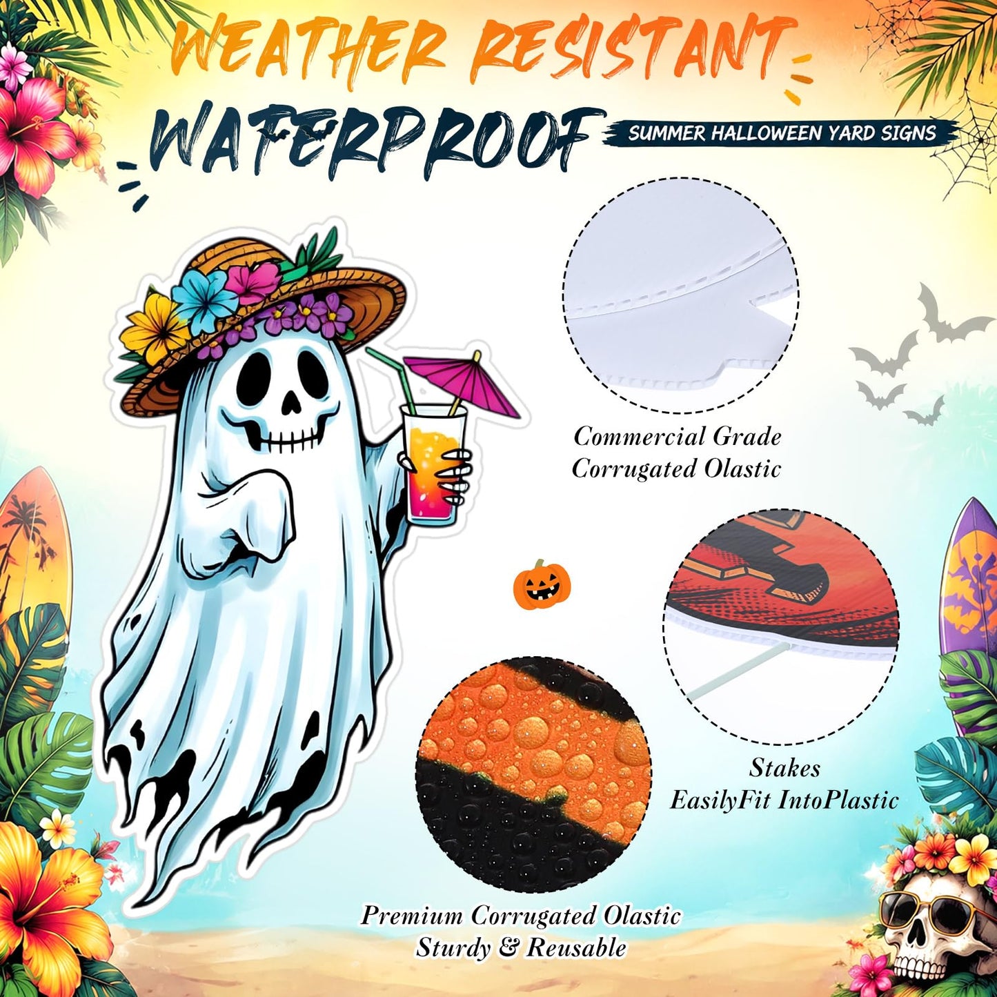 Mifoci 8 Pcs Summer Halloween Decorations Large Summer Halloween Yard Signs Waterproof Tropical Spooky Garden Stakes for Outdoor Lawn Beach Themed Party Holiday Display
