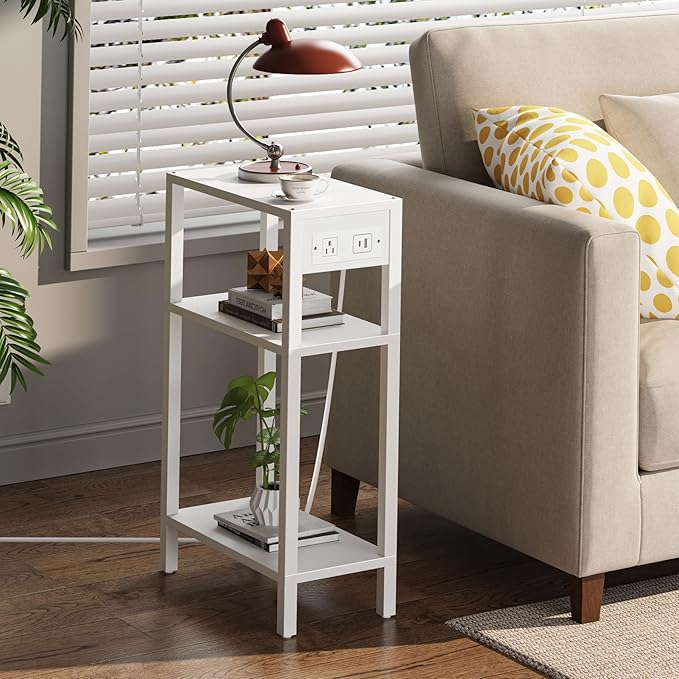 TUTOTAK Narrow Side Table with Charging Station, Small End Table with USB Ports