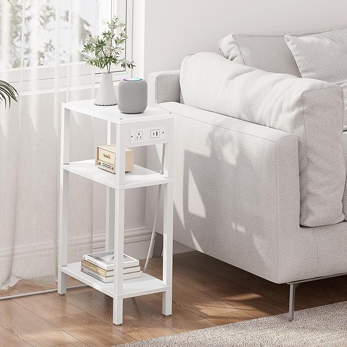 TUTOTAK Narrow Side Table with Charging Station, Small End Table with USB Ports