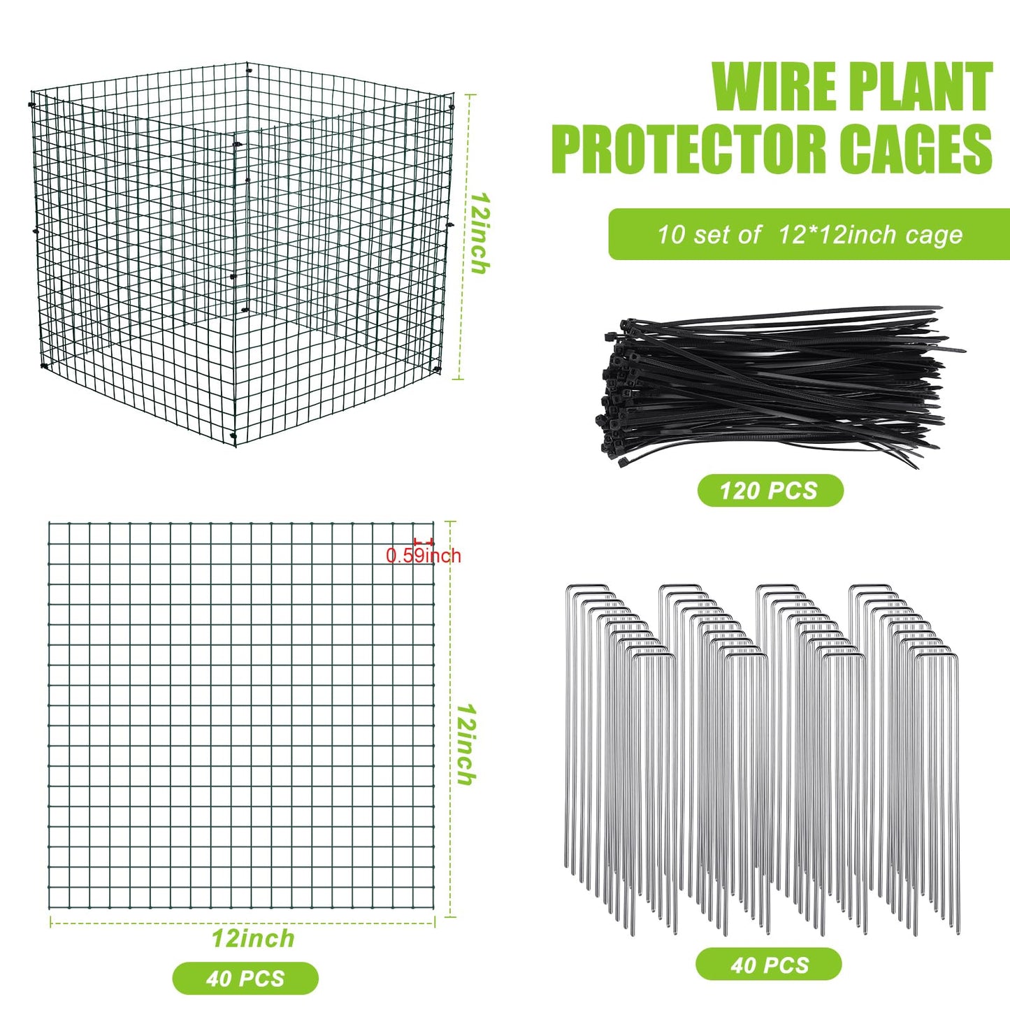 Zubebe 10 Pack Small Wire Plant Protectors Square Plant Protectors from Animals Mesh Cage Chicken Wire Cloche for Shrubs with Ground Stakes and Nylon Ties(Thickness 1mm,Dark Green)