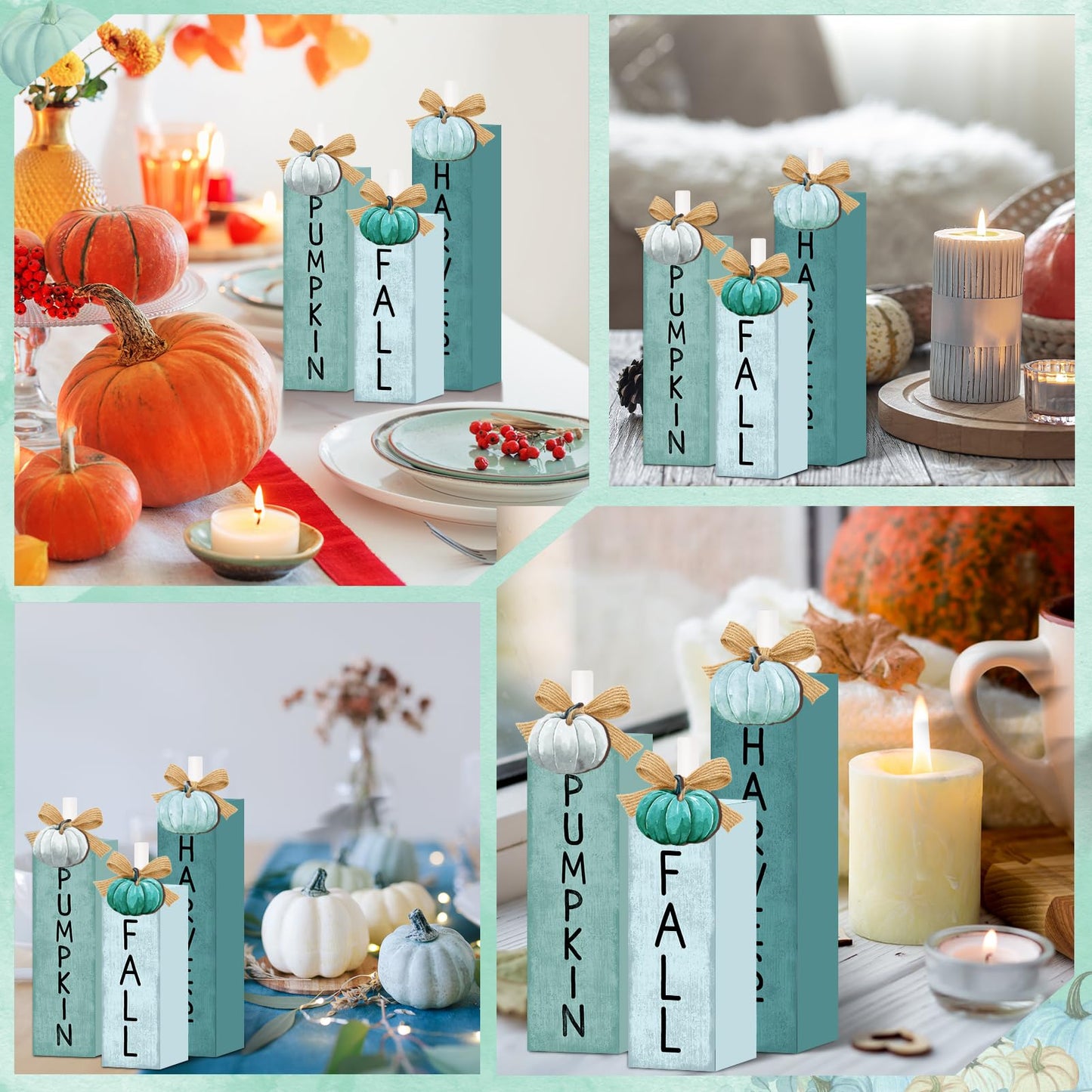 3 Pcs Blue Fall Decorations for Home, Blue Pumpkin Tiered Tray Decor Farmhouse Fall Thanksgiving Wooden Table Decor Autumn Harvest Tabletop Centerpieces for Home Kitchen Indoor Mantel
