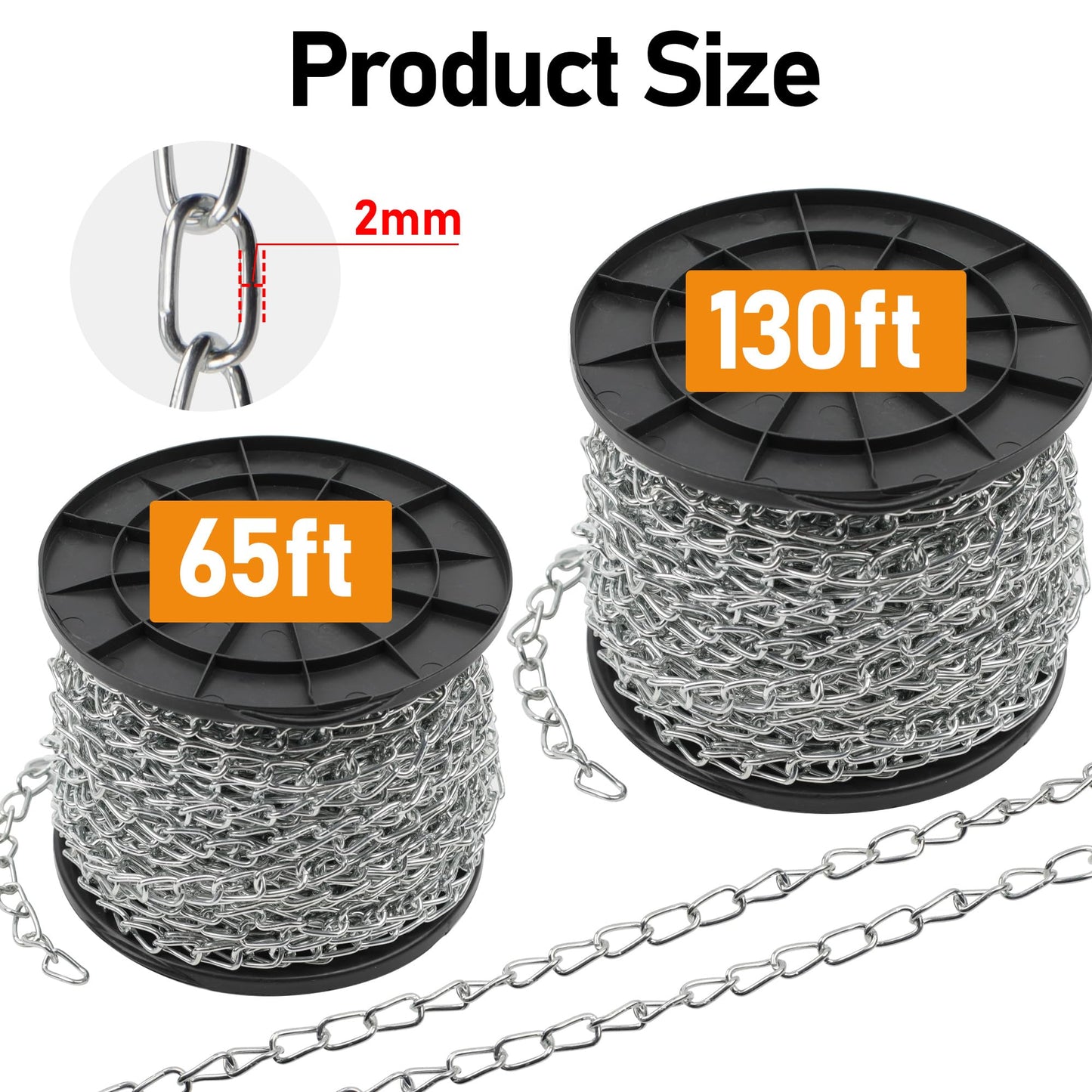 65ft Jack Chain for Hanging, Thick Steel Chain, Small Chain for Hanging, Utility Chain for Home Outdoor Camping, Heavy Duty Chain for Hanging Baskets, Plants,Thickness 0.08 inches (2mm)