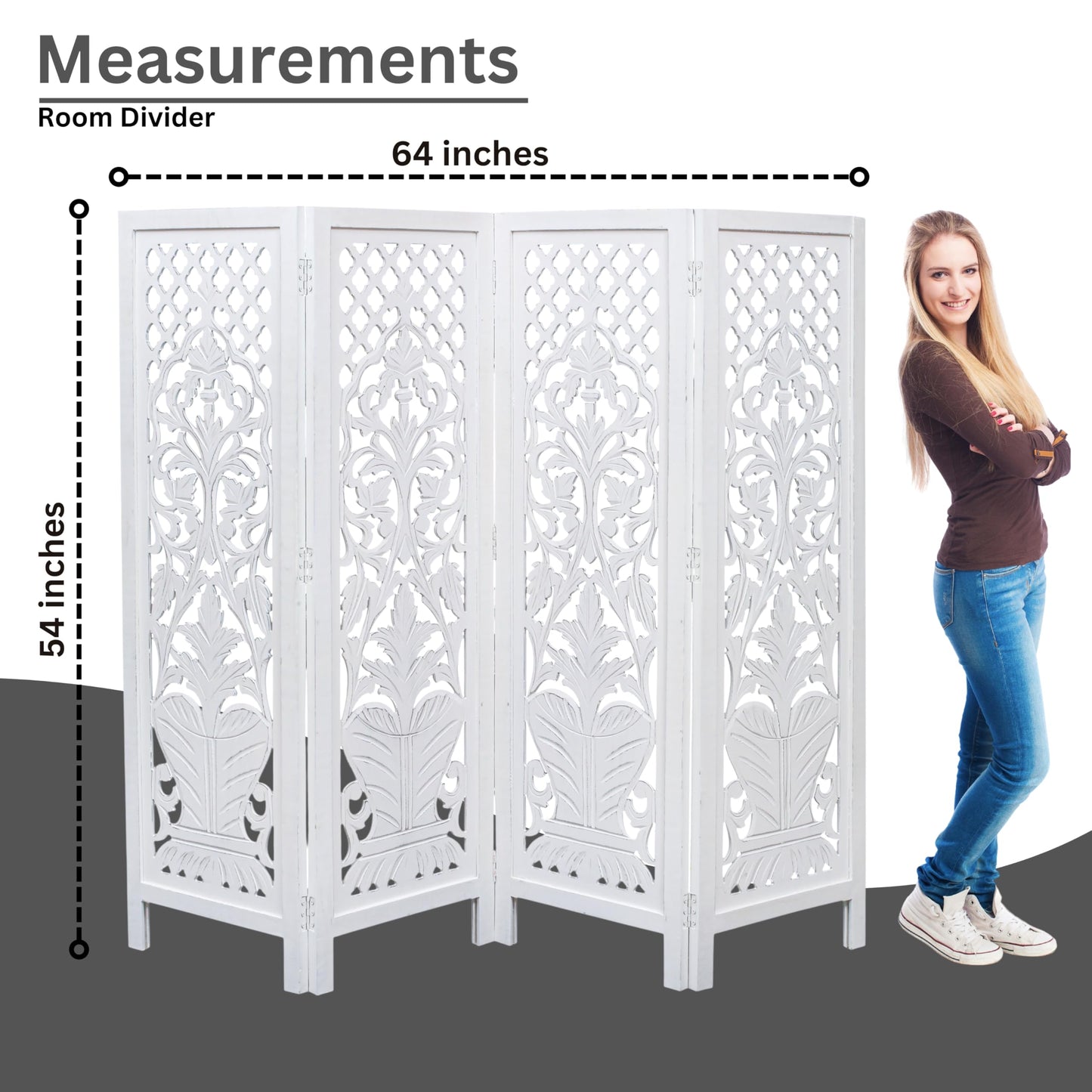 Room Divider Wood Screen Panel – White, 4-Panel Folding 64"x54", Hand-Carved, Reversible Privacy Partition, Decorative & Functional Portable Room Divider for Home or Office