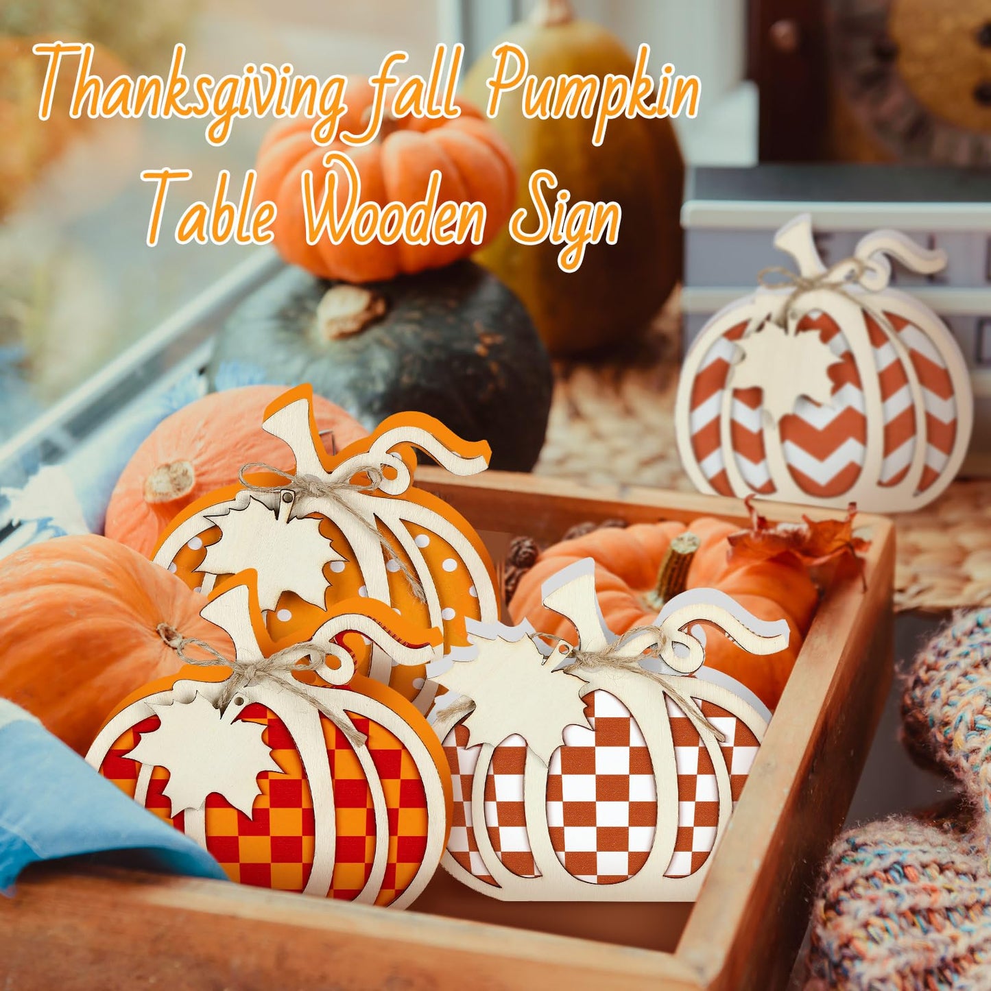 6 Pcs 3D Pumpkin Tabletop Signs Fall Wooden Pumpkin Signs Thanksgiving Harvest Pumpkin Table Block Fall Plaid Wood Standups Fall Thanksgiving Tiered Tray Decorations Pumpkin Centerpieces for Home