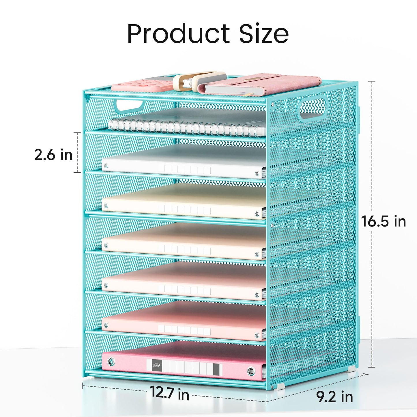 Lavatino 8-Tier Office Desk File Organizer, Letter Tray Paper Organizer with Handle, Including 5 Adjustable Slide Trays for Organizing Desktop Workspace Accessories and Supplies (Blue Metal Mesh)