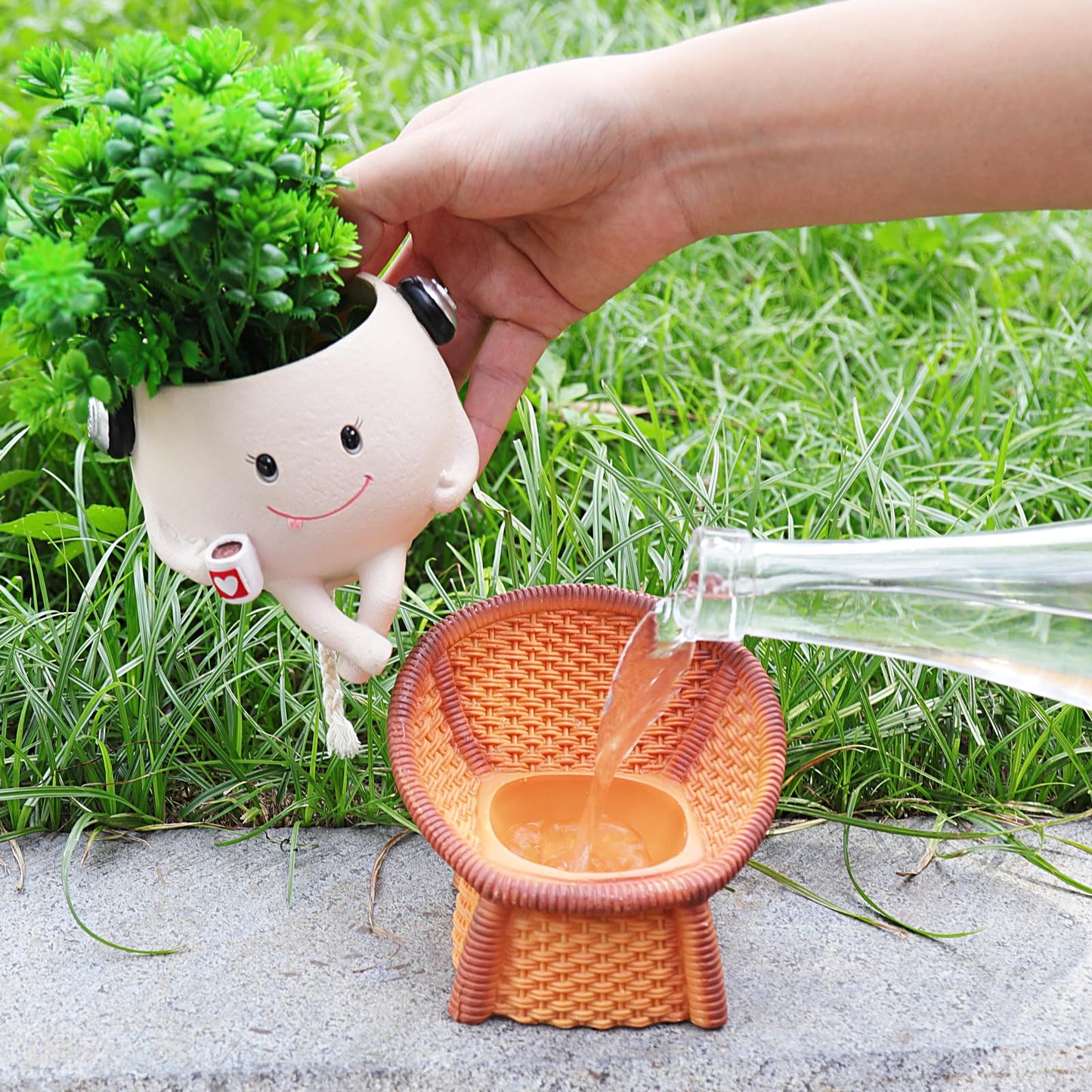 Self Watering Planter Pot Cute Resin Flower Head Planters for Indoor Outdoor Handmade Smily Face Pot Unique Cane Chair Succulent Pots with Drainage Gift Ideal for Mother and Appreciation Christmas