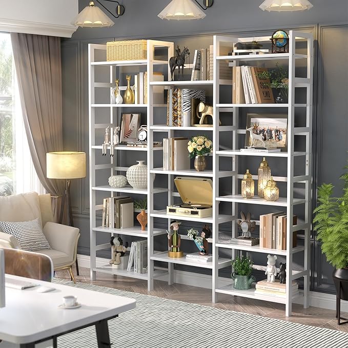 Homykic Bamboo Bookshelf, 71” Tall Triple Wide Bookcase
