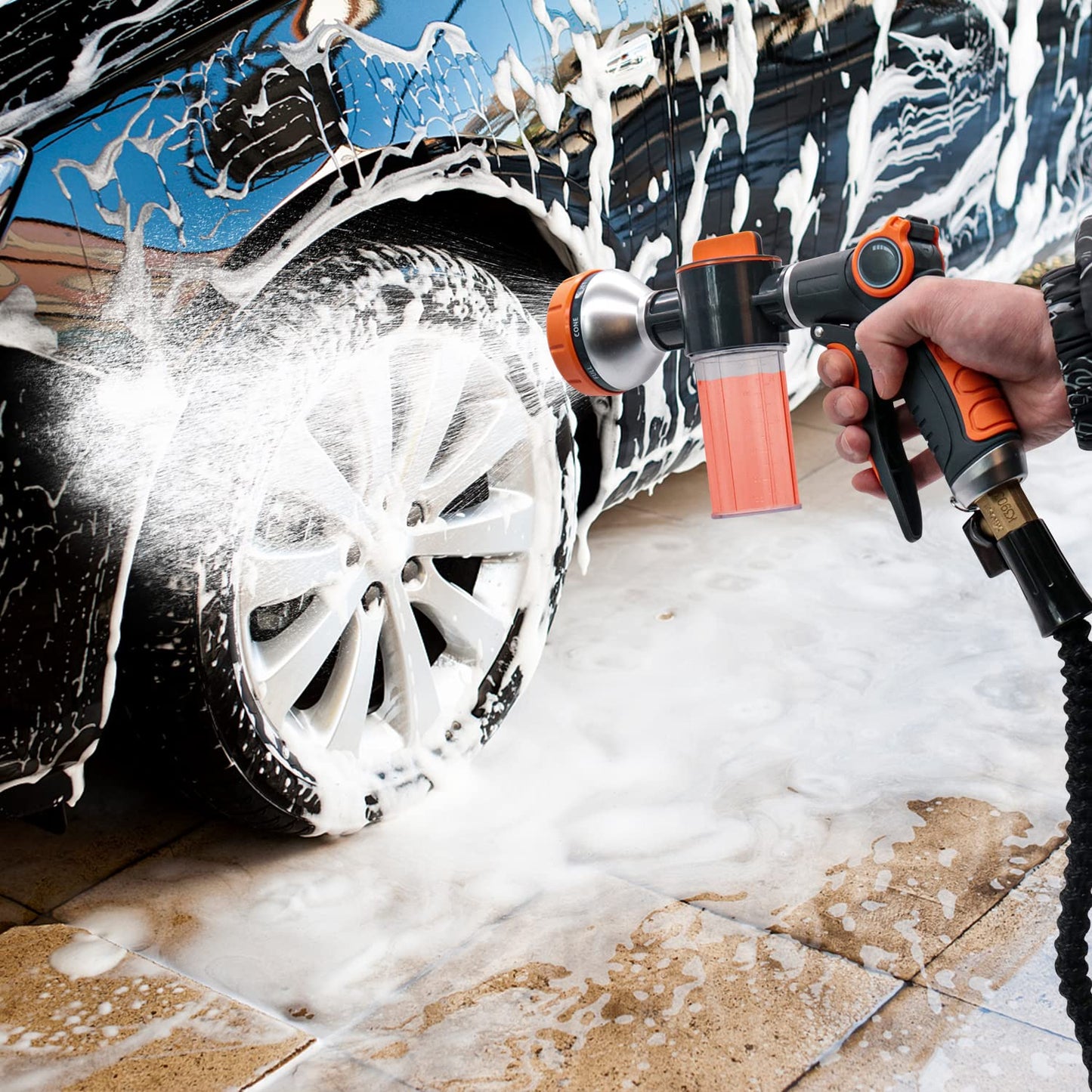 Garden Hose Nozzle,8 Patterns Hose Sprayer High Pressure,Heavy Duty Dog Wash,Metal Water Hose Nozzle with Soap Dispenser,Car Wash Foam Gun with A Car Wash Mitt