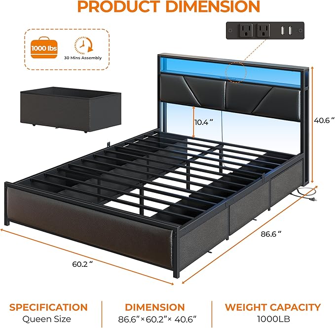 OURPIC Queen Bed Frame, 2-Tier Storage Headboard & 6 Fabric Drawers, PU Leather
