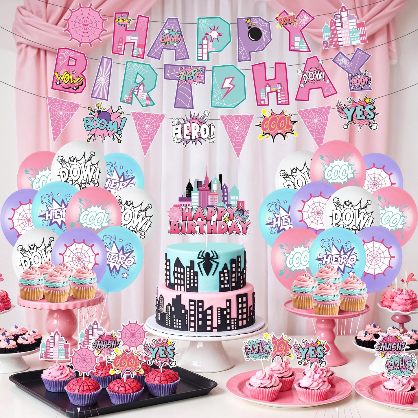 Hero Party Decoration Hero Happy Birthday Banner Pink Spidey Theme Pennant Flag Banner Cake Toppers Latex Balloons for Spider Girl Birthday Baby Shower Party Supplies