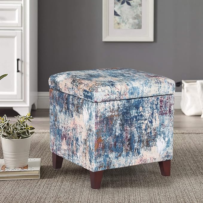 Adeco 18 Inch High Cube Ottoman Storage, Linen Chair Foot Stools, Upholstered