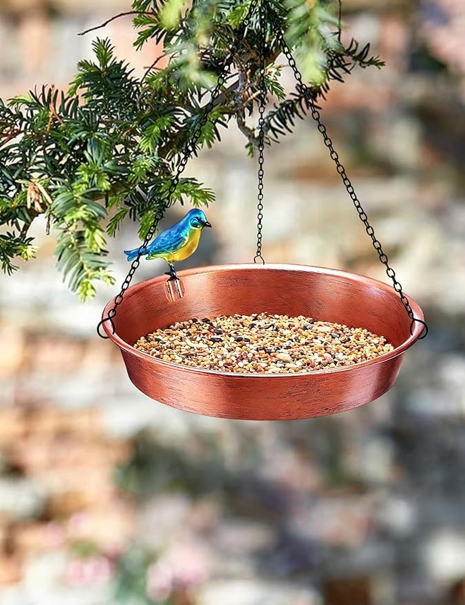 Hanging Bird Bath for Outside, 11.5” Antique Copper Metal Birdbath Bowl & Feeder with Black Chain for Outdoor Garden Yard Decor (0.7 Gallon)