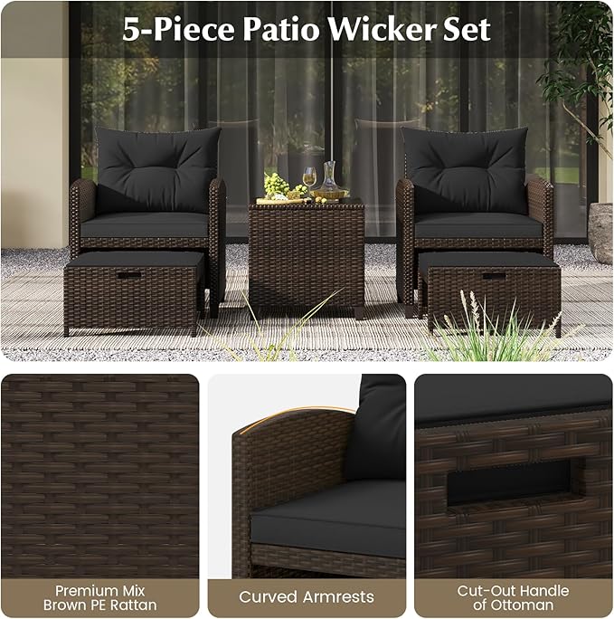 Tangkula 5 Pieces Patio Conversation Set, PE Wicker Rattan Outdoor Furniture Set