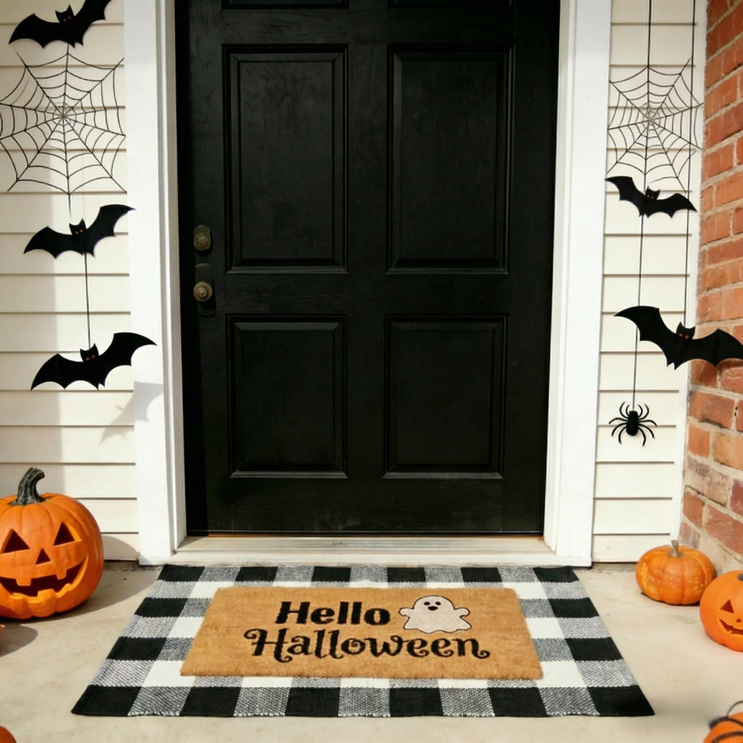 SKYPEA 2 Pcs Halloween Coir Doormat for Home 27.5 x 43 Inches with Black & White Buffalo Plaid Rug, Layered Non Slip Welcome Mats for Halloween Party, Patio & Indoor Outdoor Decor