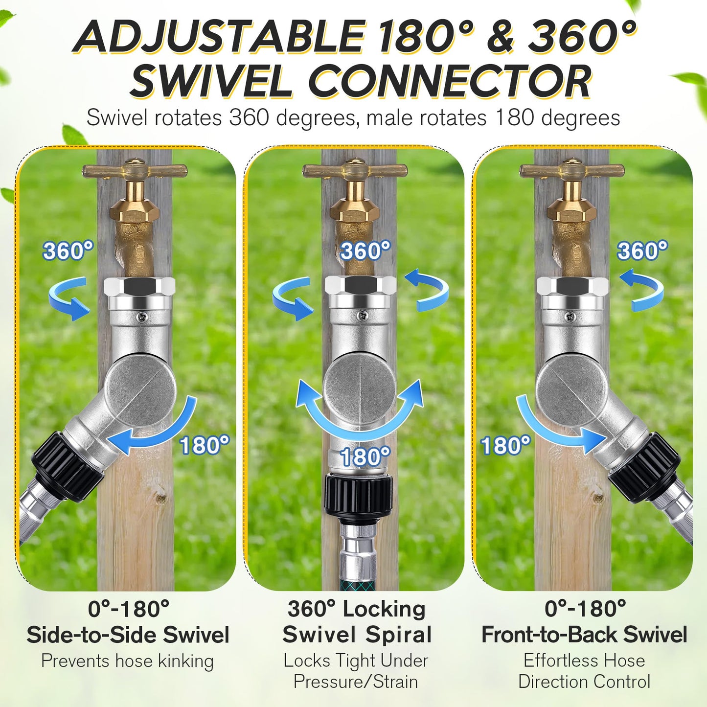 Enhon 180° & 360° Garden Hose Swivel Connector, Garden Hose Connect and Spigot Extender for Outdoor Faucet, Fits Standard 3/4" Water Pipes(Metal,Silver,2 Pack)