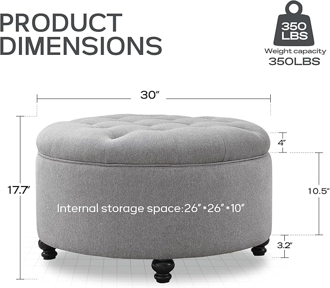 HUIMO 30-Inch Round Storage Ottoman, Modern Button Tufted Coffee Table
