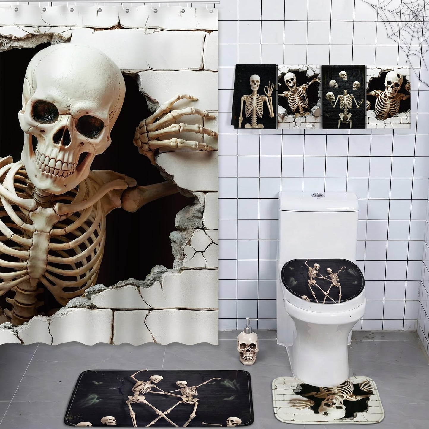 FuWeave 8 Pcs Halloween Shower Curtain Set, Skeleton Breakthrough Bathroom Decor with 3D Wall-Breaking Skull, Include Non-Slip Bath Mat, Toilet Lid Cover, Towels and 12 Hooks for Gothic Bathroom