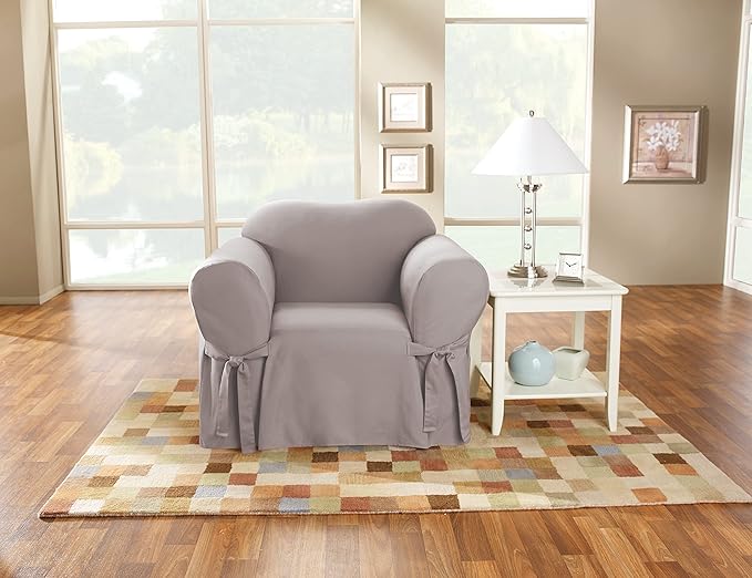 SureFit Cotton Duck Armchair Box Cushion One Piece Slipcover, Chair Cover
