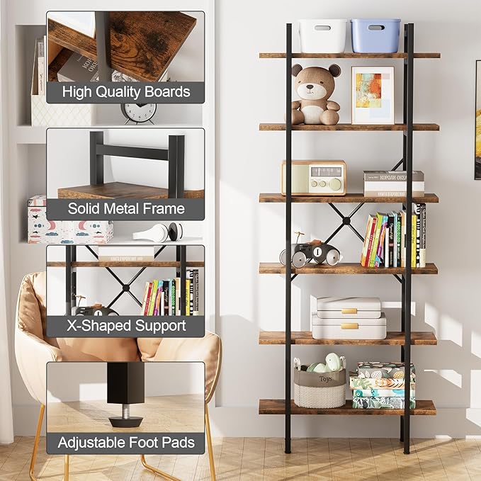 6 Tiers Bookshelf Organizer Industrial Shelf, Modern Open Display Storage