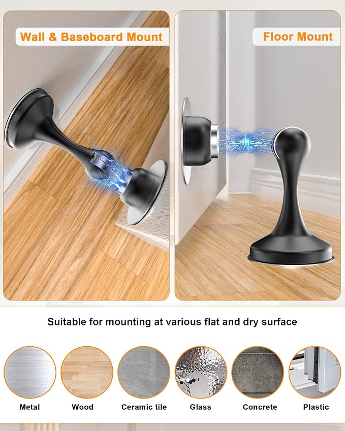 Crosize Magnetic Door Stoppers 8 Pack, Stainless Steel Door Stops for Wall and Floor Mounting, Door Holder Keep Door Open, No Drilling Door Stop with 3D Adhesive Tapes, Black