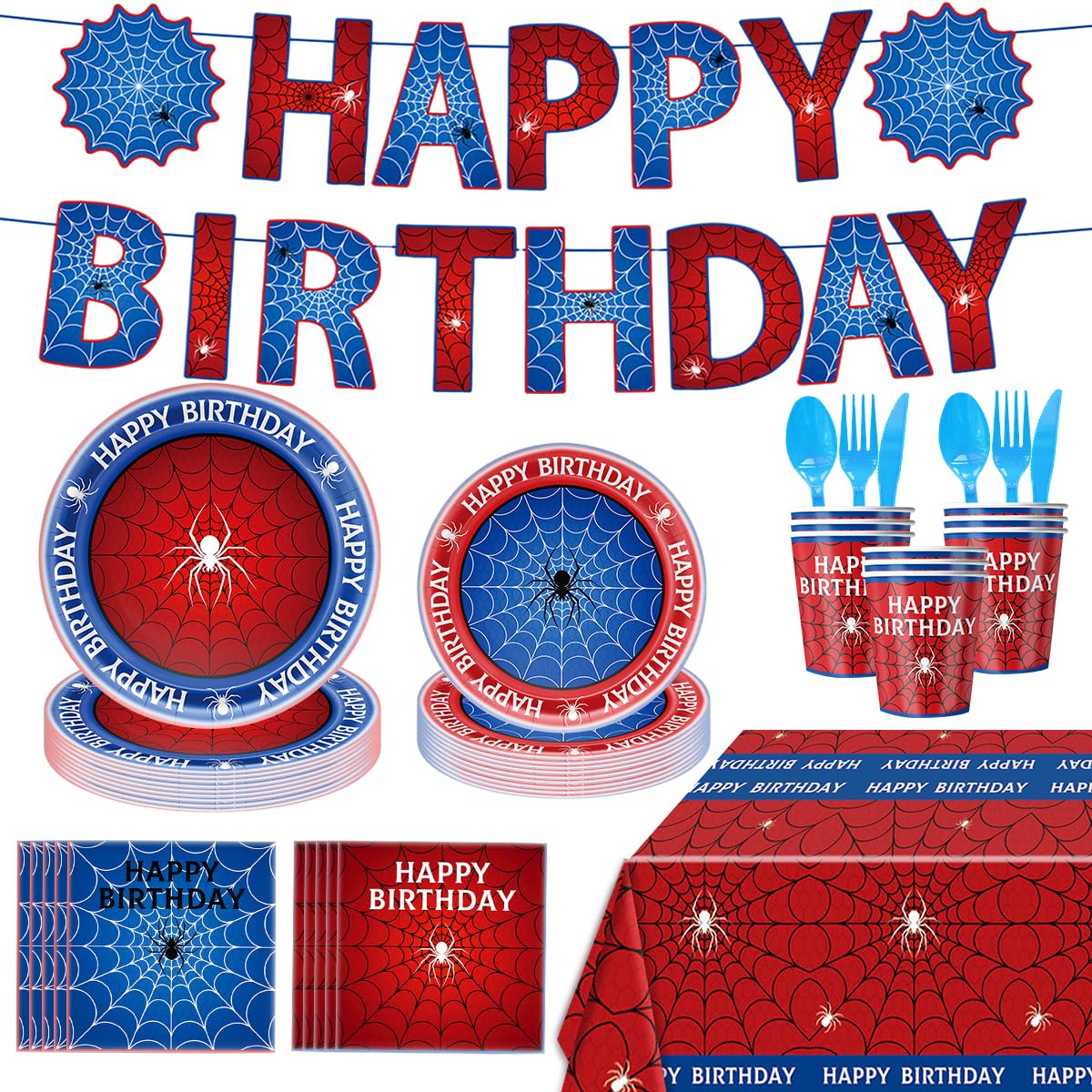 96Pcs Spider Birthday Party Tableware, Spiderweb Theme Plates Napkins Cups Forks Knives Spoons Banner Party Supplies