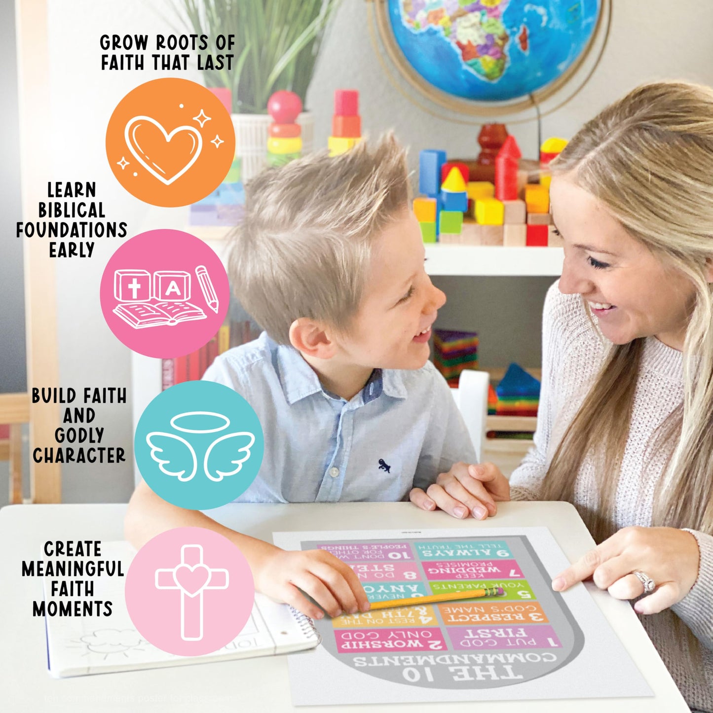 Hadley Designs Sunday School Decorations for Classroom –9 Bible Posters for Kids, Books of the Bible, 10 Commandments, Bible Timeline Chart, Fruits of the Spirit, Pastel Christian Classroom Decor