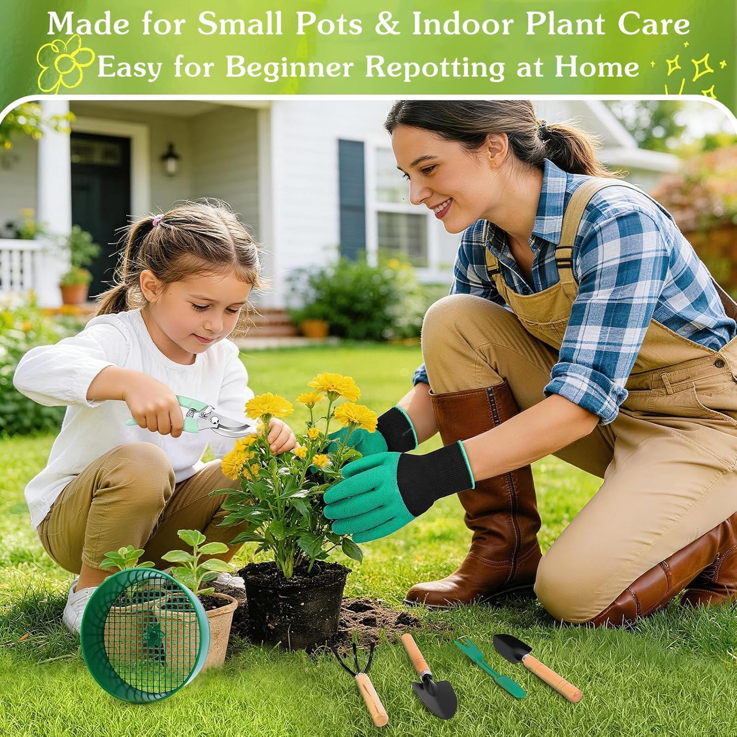 Gardening Tool Set, 18PCS Indoor Plant Tools for Succulents, Bonsai & Herbs, Mini Garden Tools with Repotting Mat for Indoor Plants, Soil Scoop, Pruner, Gloves, Plant Ties & Labels