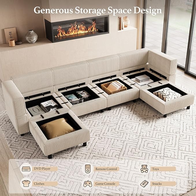 Belffin U Shaped Sectional Sofa Couch Convertible 6 Seater Corduroy Couch
