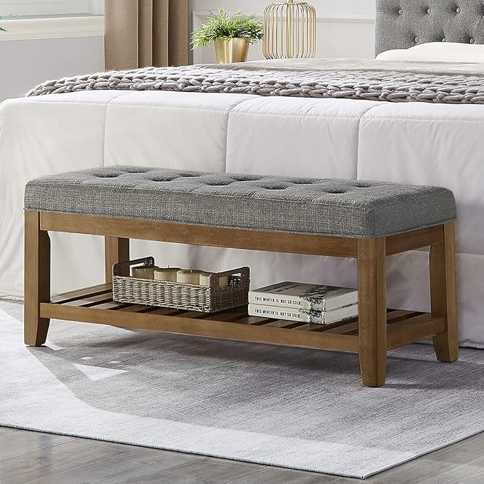 24KF Large Rectangular Upholstered Tufted Linen Fabric Ottoman Bench, Padded