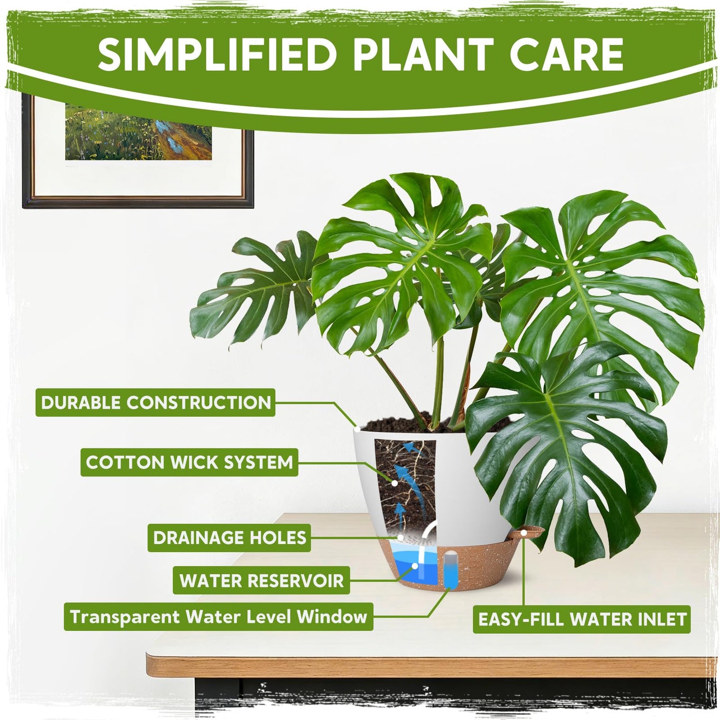 Goproauto Self-Watering Pots for Indoor Plants with Visible Water Window,5/6/6.5/8/10 Inch Outdoor Flower Pots with Drainage Holes & Reservoir for Patio, Home Decor (White)