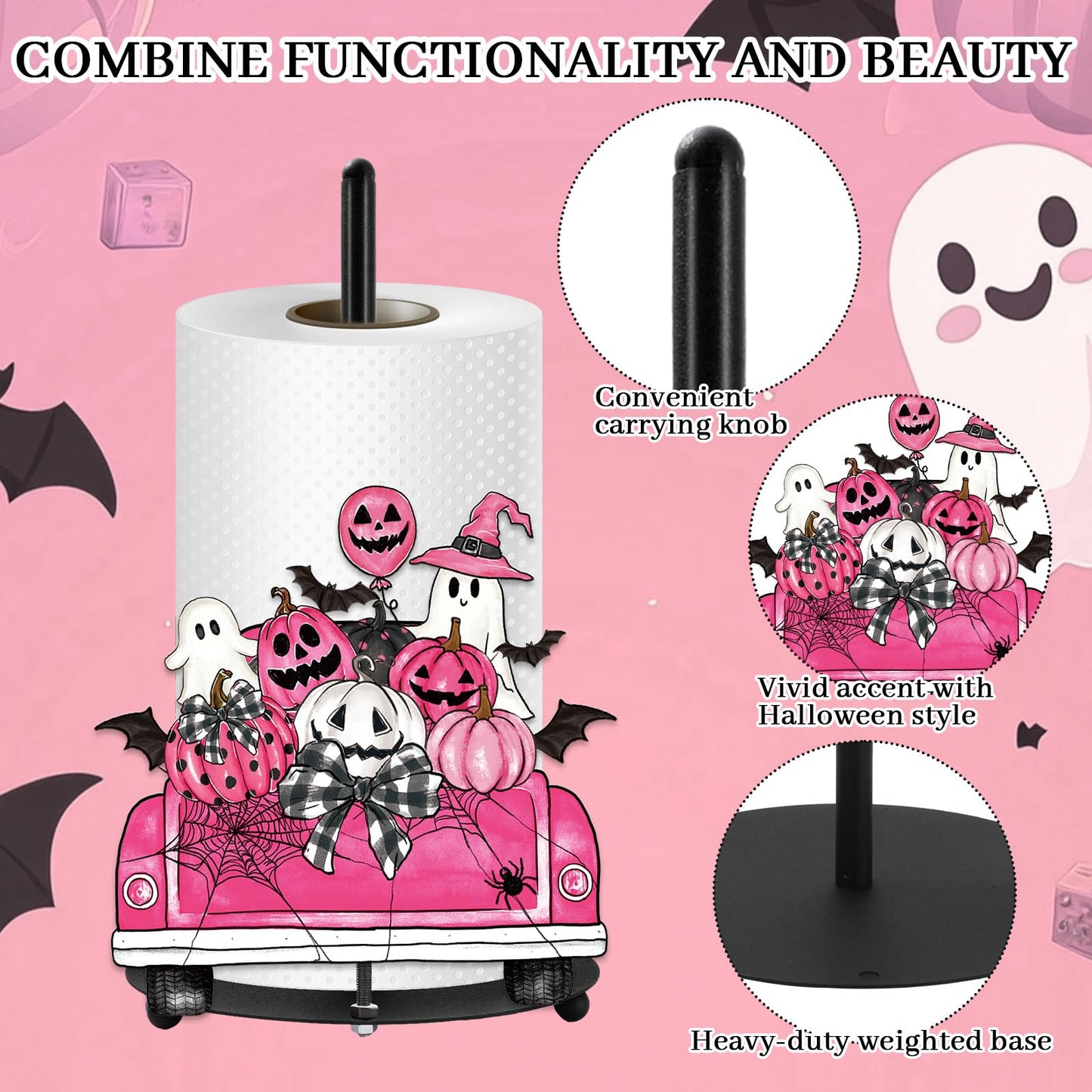Whaline Pink Halloween Paper Towel Holder Pumpkin Ghost Truck Metal Towel Stand Trick or Treat Decoration Accessory for Holiday Party Home Kitchen Countertop