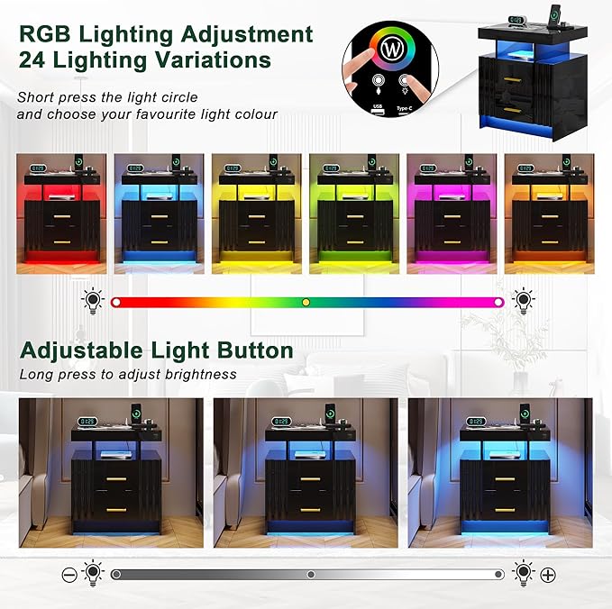Nightstand with Wireless Charging Station, Smart Night Stand with 2 Drawers