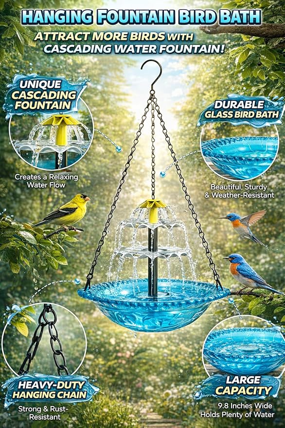 Solar Cascade Hanging Bird Bath Fountain, 2026 New Outdoor Hanging Bird Bath with Solar Fountain, Large Humming Birds Baths Fountains, with Solars Pump & Glass Bowl, for Outdoor, Gardens (#4)