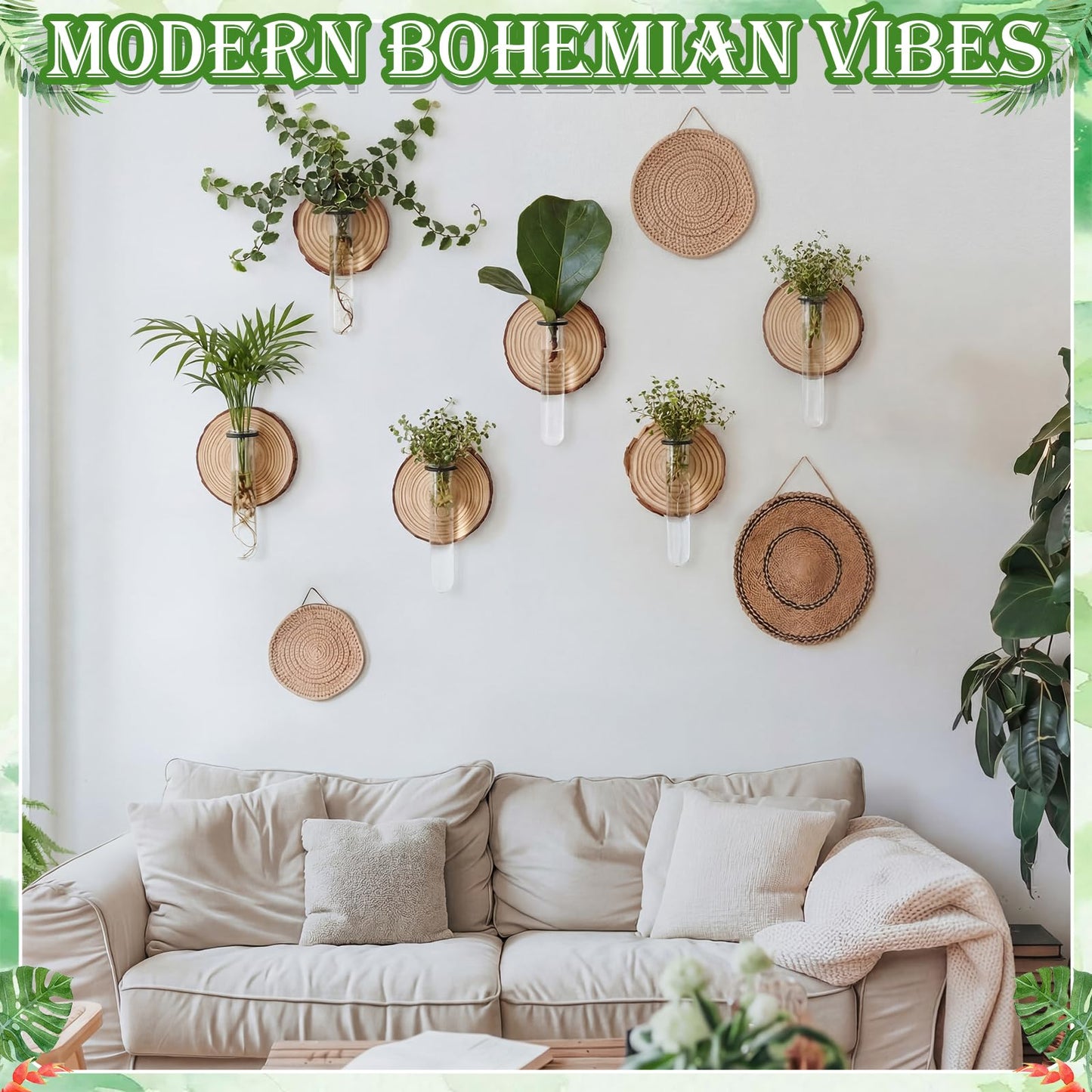 Chumia 6 Pcs Plant Propagation Stations Wall Hanging Planter Glass Plant Propagation Station, Natural Wood Slices Stand for Home Office Decoration