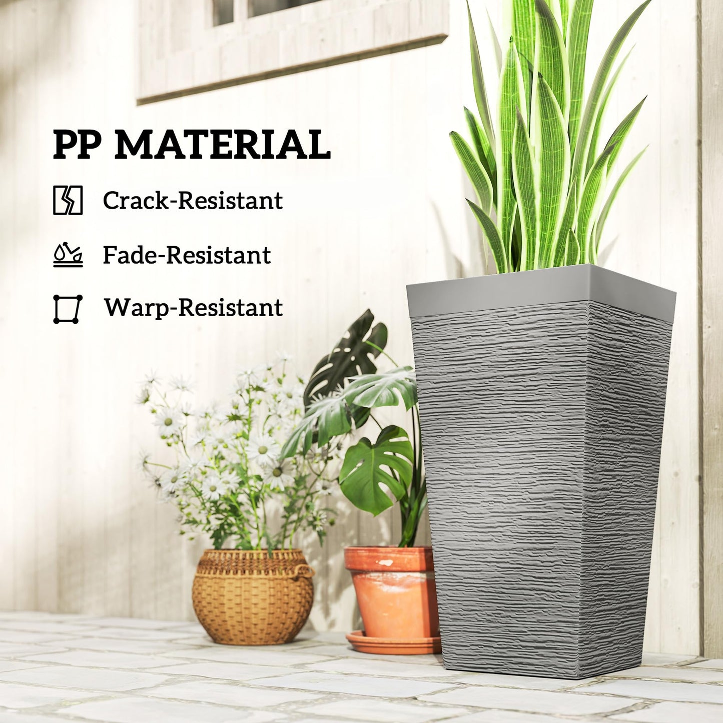 Outsunny 22.8 Inch Tall Planters for Outdoor Plants, Set of 3 Plastic Flower Pots with Stone Finish and Wheels, Stackable Tapered Planters with Drainage Hole for Indoor Plants, Front Porch, Gray