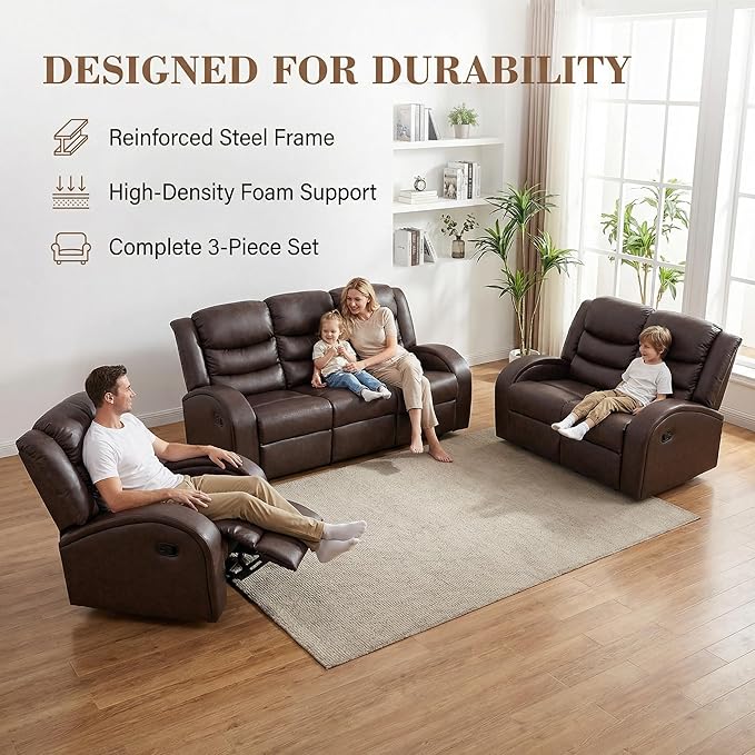 Recliner Sofa Set 3 Piece Living Room Furniture Set Couch Sectional Leather