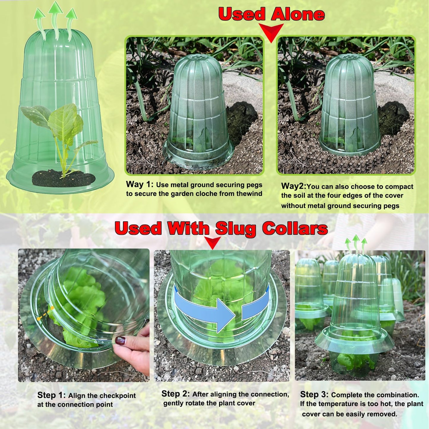 Fshow Upgraded Garden Cloches for Plants, Reusable Bell Plant Protector, Garden Protection from Animals Snails Birds Chickens Insect， Compatible with Slug Collar(Green 20 Pack)