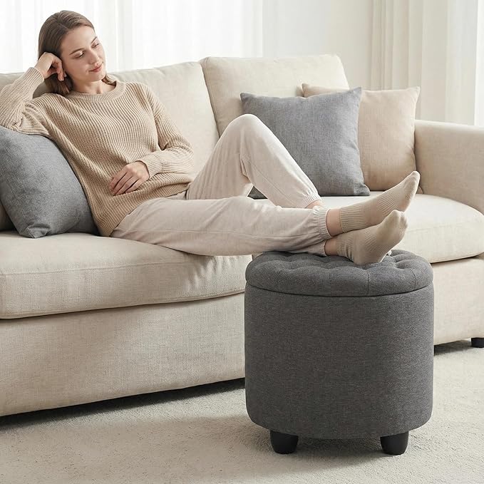 Furniliving 19 Inch Storage Round Ottoman, Footstools