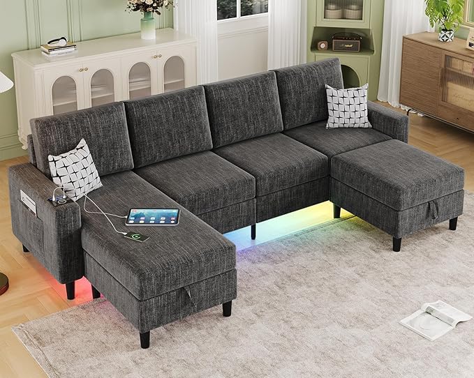 Sectional Couches for Living Room, 6-Seats Soft Linen Fabric Sectional Sofa